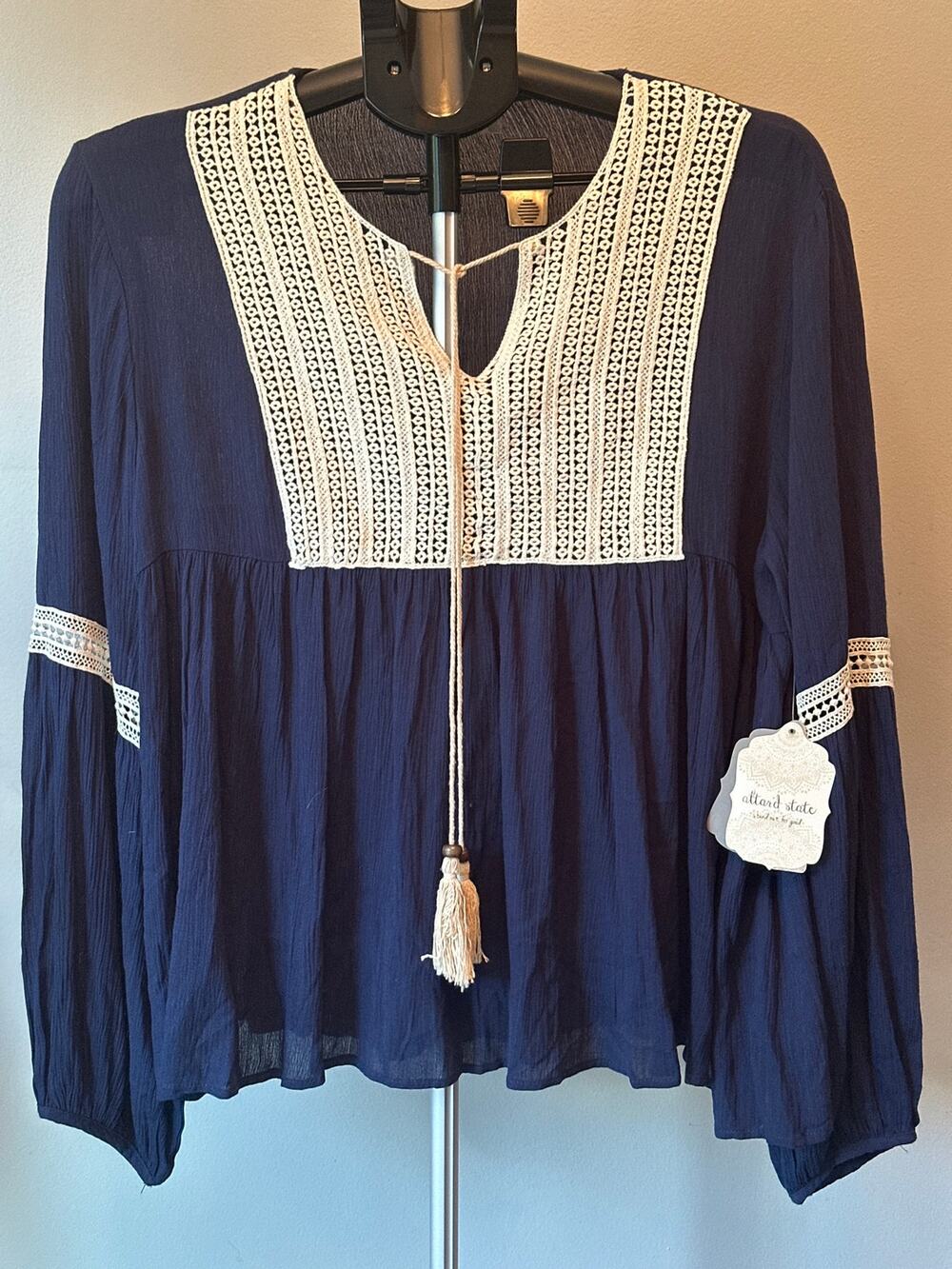 Altar'd State Womens M Blouse Navy Blue Crochet Lace Yoke Tassel Boho Top NWT